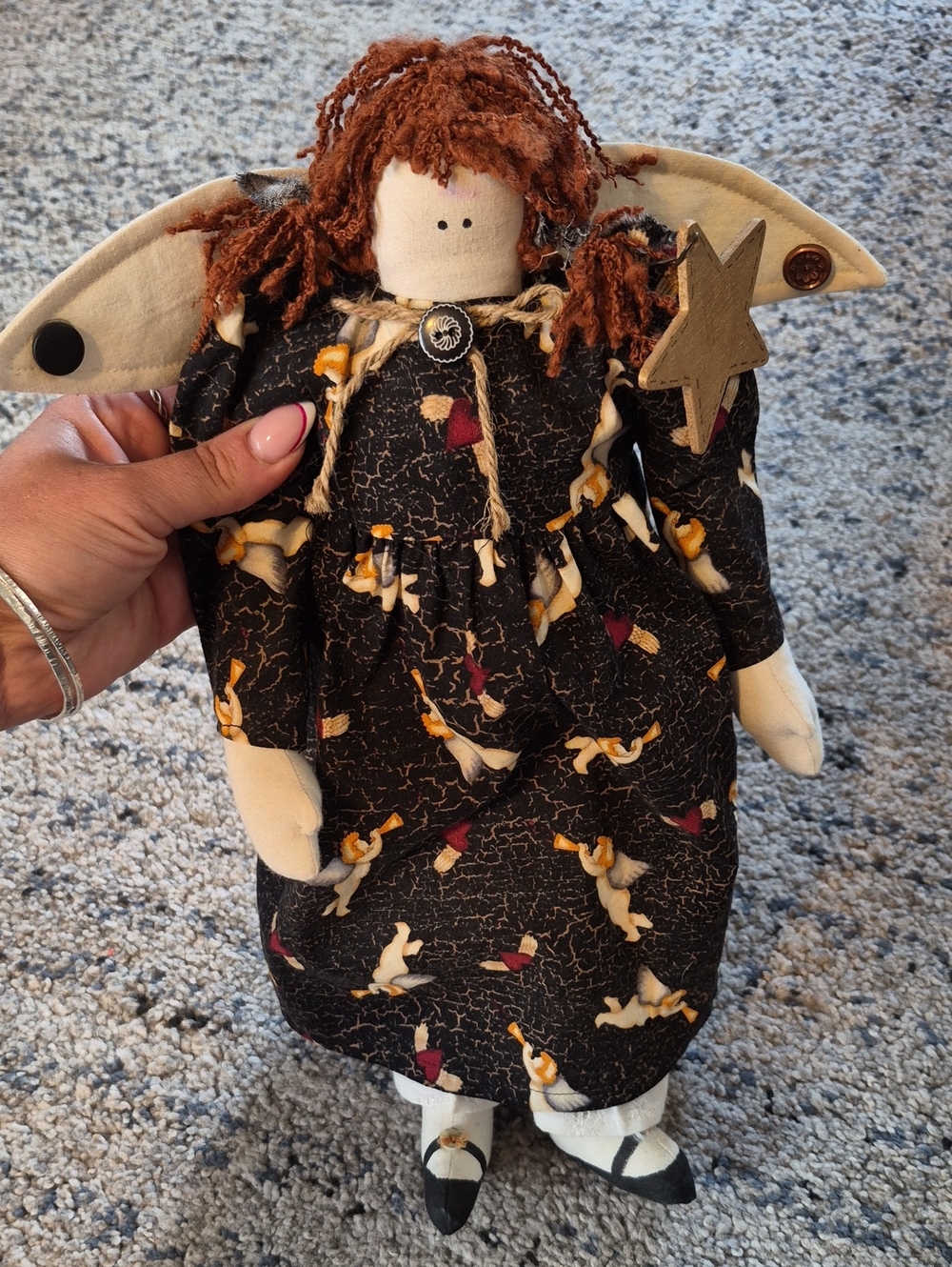 Handcrafted Cloth Angel Doll - Black Dress with Cream & Brown Accents